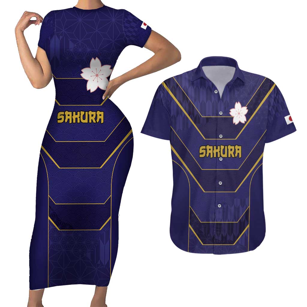 Japan Pacific Rugby 2022-23 Custom Couples Matching Short Sleeve Bodycon Dress and Hawaiian Shirt Blue Sakura Japanese Wave Pattern LT9 Blue - Polynesian Pride