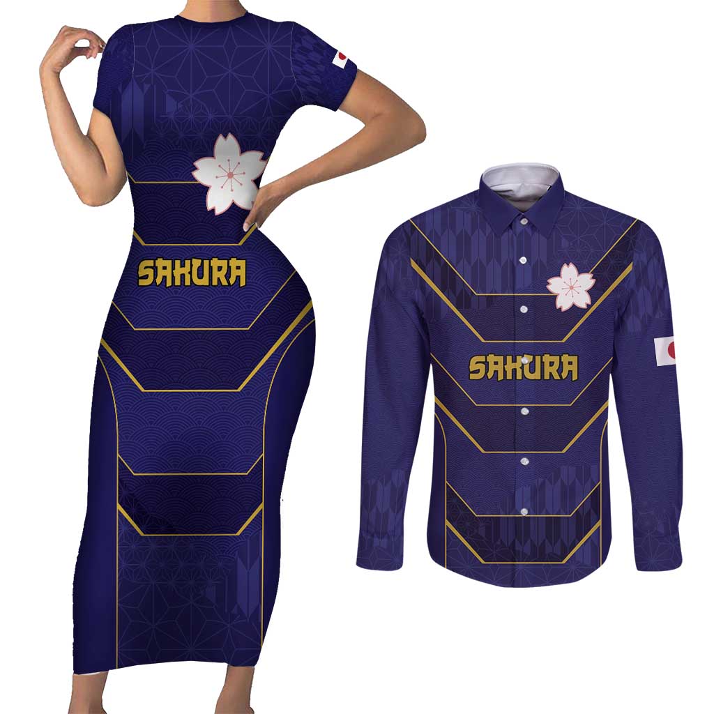 Japan Pacific Rugby 2022-23 Custom Couples Matching Short Sleeve Bodycon Dress and Long Sleeve Button Shirt Blue Sakura Japanese Wave Pattern