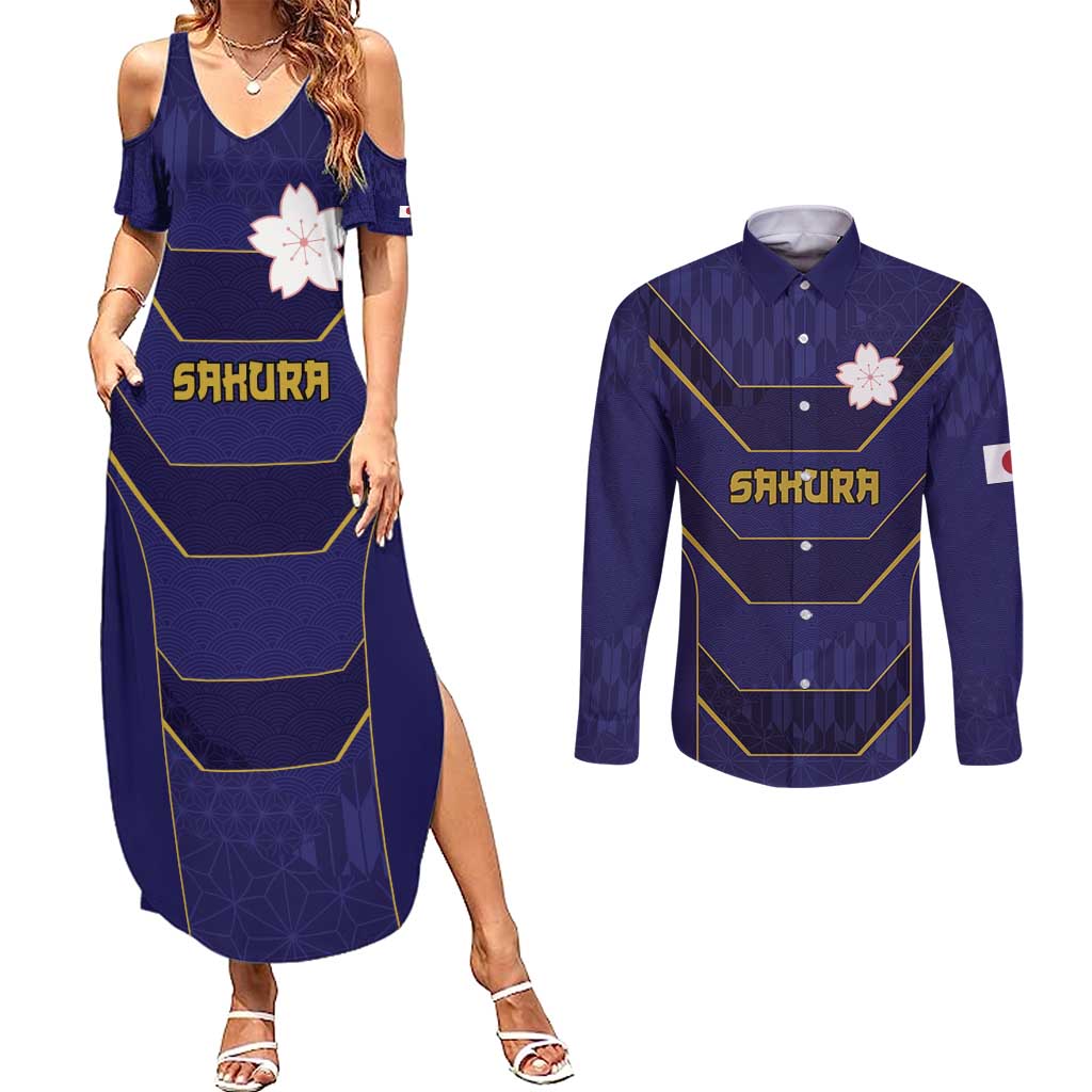 Japan Pacific Rugby 2022-23 Custom Couples Matching Summer Maxi Dress and Long Sleeve Button Shirt Blue Sakura Japanese Wave Pattern
