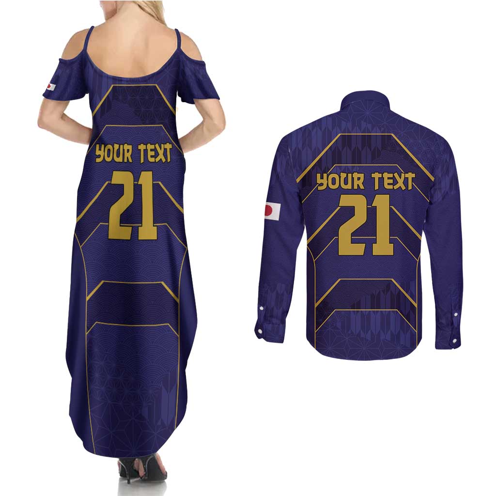 Japan Pacific Rugby 2022-23 Custom Couples Matching Summer Maxi Dress and Long Sleeve Button Shirt Blue Sakura Japanese Wave Pattern