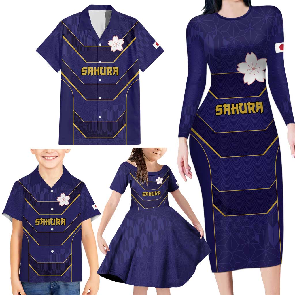 Japan Pacific Rugby 2022-23 Custom Family Matching Long Sleeve Bodycon Dress and Hawaiian Shirt Blue Sakura Japanese Wave Pattern LT9 - Polynesian Pride