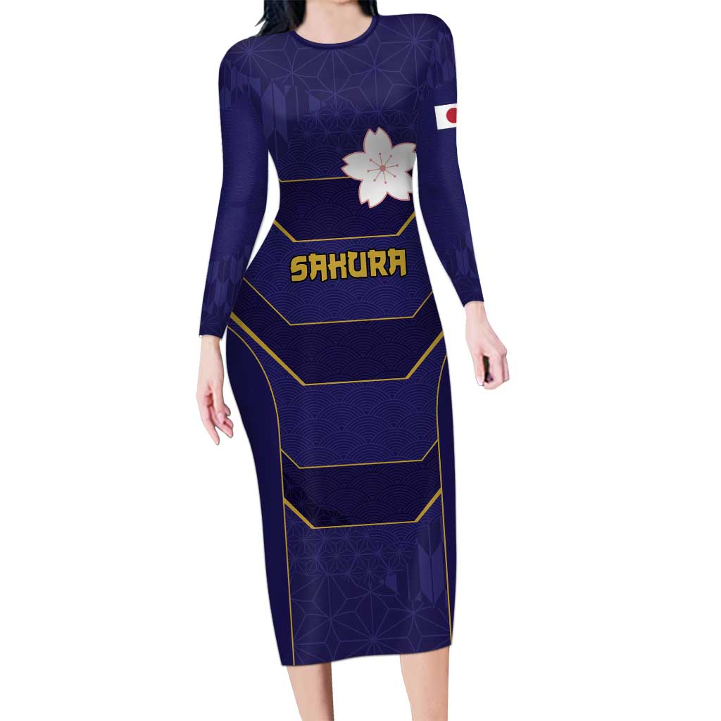 Japan Pacific Rugby 2022-23 Custom Family Matching Long Sleeve Bodycon Dress and Hawaiian Shirt Blue Sakura Japanese Wave Pattern LT9 Mom's Dress Blue - Polynesian Pride