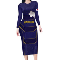 Japan Pacific Rugby 2022-23 Custom Family Matching Long Sleeve Bodycon Dress and Hawaiian Shirt Blue Sakura Japanese Wave Pattern LT9 Mom's Dress Blue - Polynesian Pride