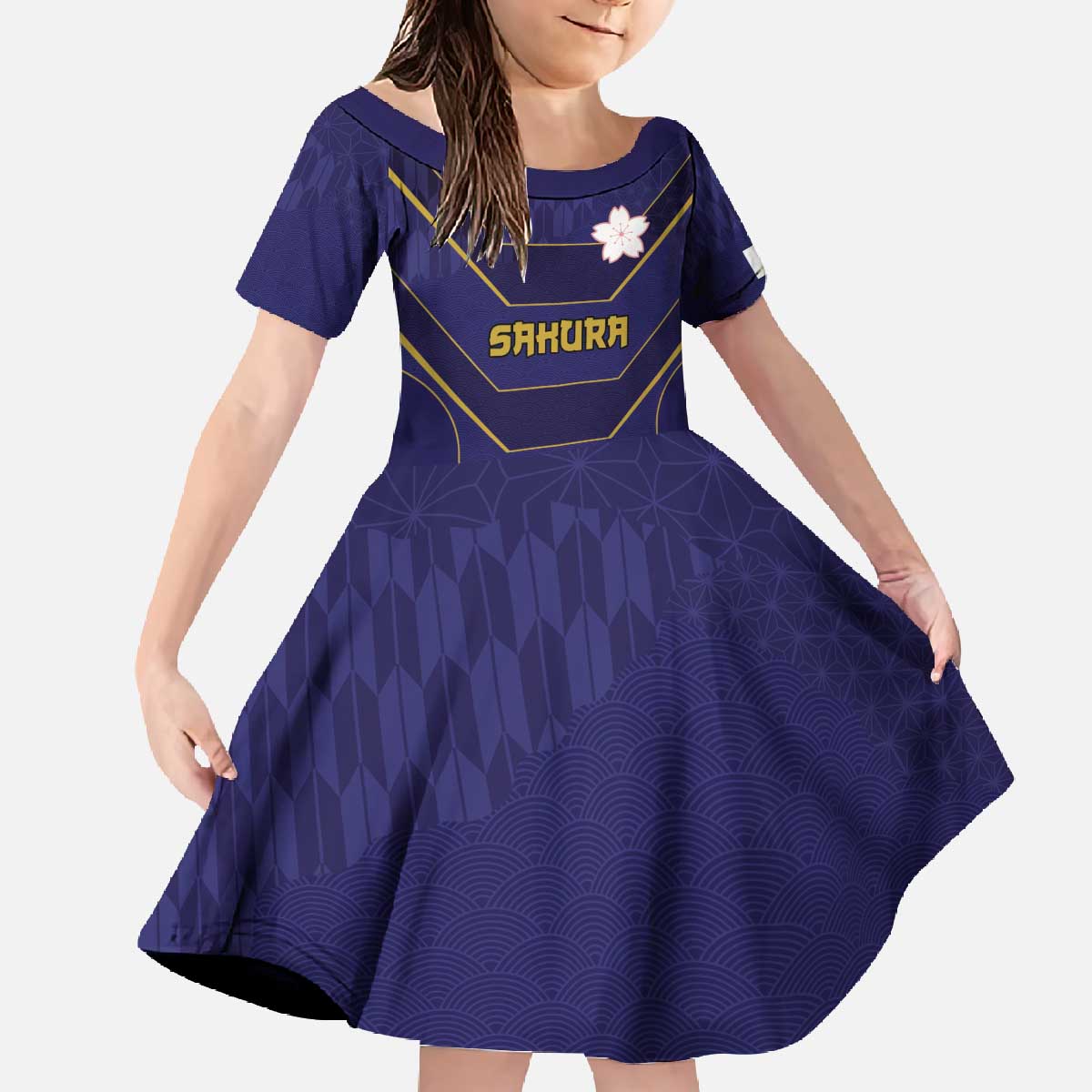 Japan Pacific Rugby 2022-23 Custom Family Matching Off The Shoulder Long Sleeve Dress and Hawaiian Shirt Blue Sakura Japanese Wave Pattern