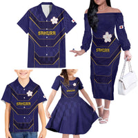 Japan Pacific Rugby 2022-23 Custom Family Matching Off The Shoulder Long Sleeve Dress and Hawaiian Shirt Blue Sakura Japanese Wave Pattern