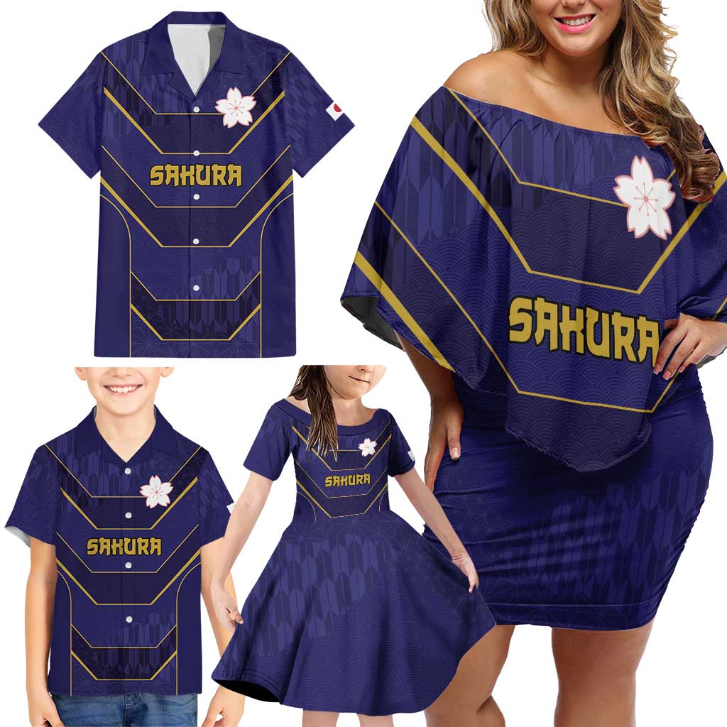 Japan Pacific Rugby 2022-23 Custom Family Matching Off Shoulder Short Dress and Hawaiian Shirt Blue Sakura Japanese Wave Pattern