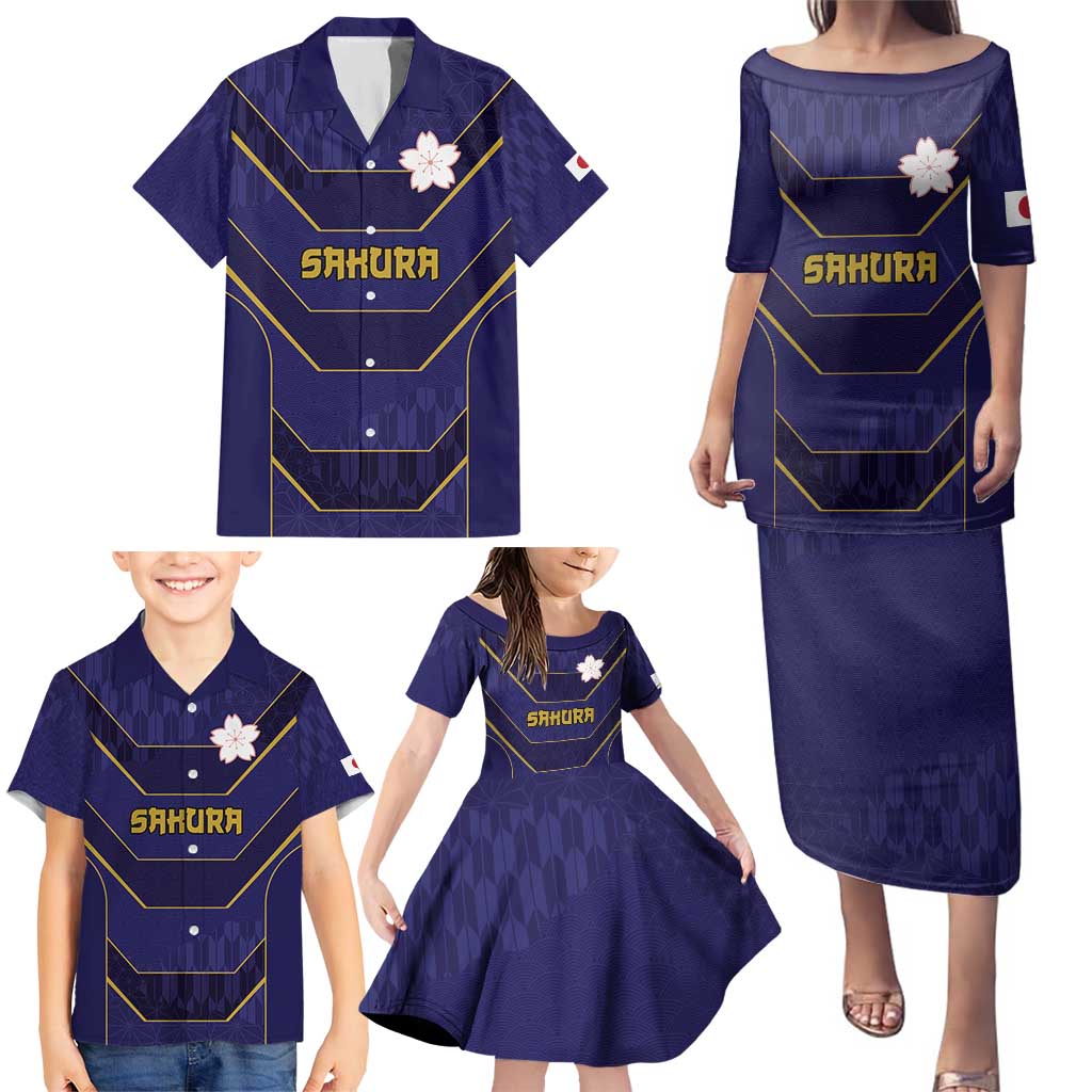 Japan Pacific Rugby 2022-23 Custom Family Matching Puletasi and Hawaiian Shirt Blue Sakura Japanese Wave Pattern