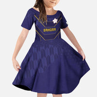 Japan Pacific Rugby 2022-23 Custom Family Matching Short Sleeve Bodycon Dress and Hawaiian Shirt Blue Sakura Japanese Wave Pattern LT9 Daughter's Dress Blue - Polynesian Pride
