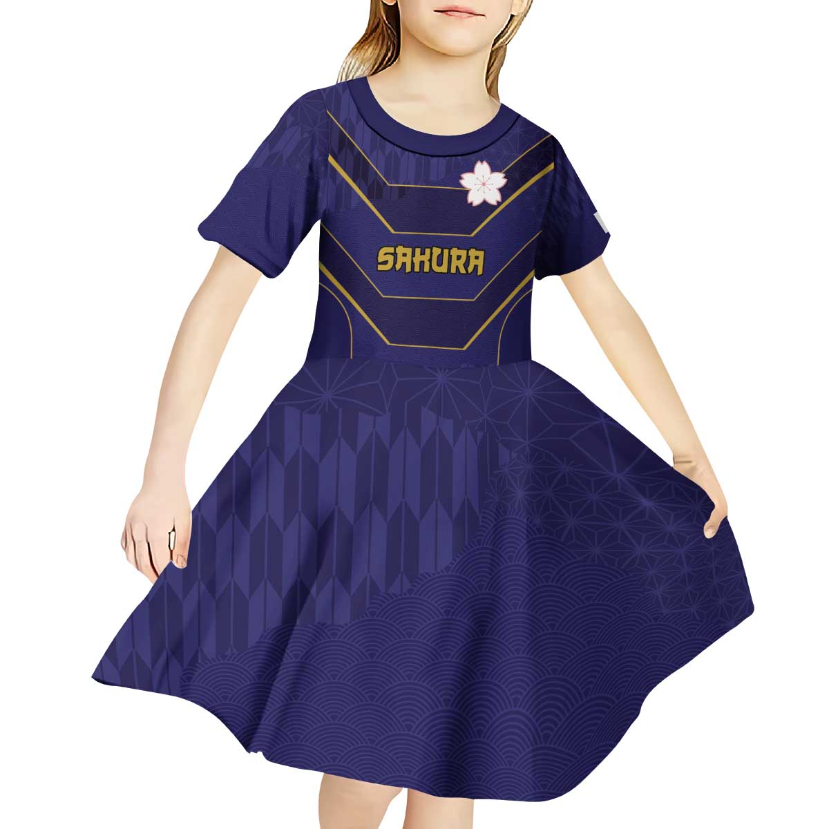 Japan Pacific Rugby 2022-23 Custom Kid Short Sleeve Dress Blue Sakura Japanese Wave Pattern