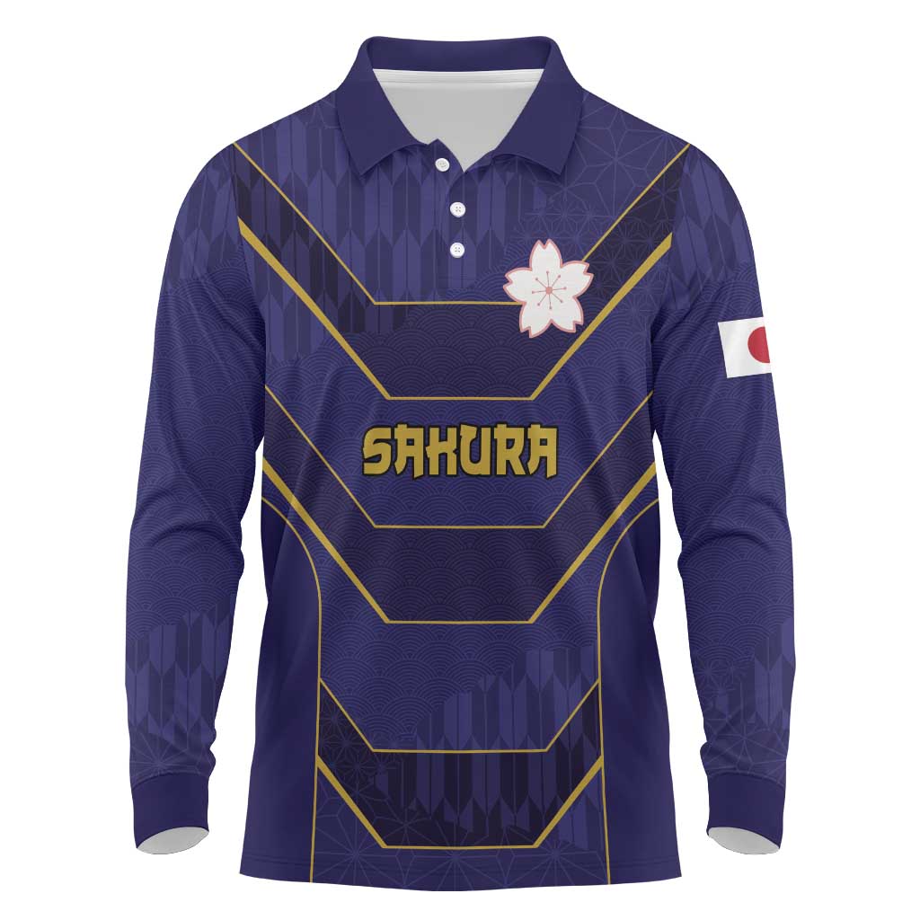 Japan Pacific Rugby 2022-23 Custom Long Sleeve Polo Shirt Blue Sakura Japanese Wave Pattern
