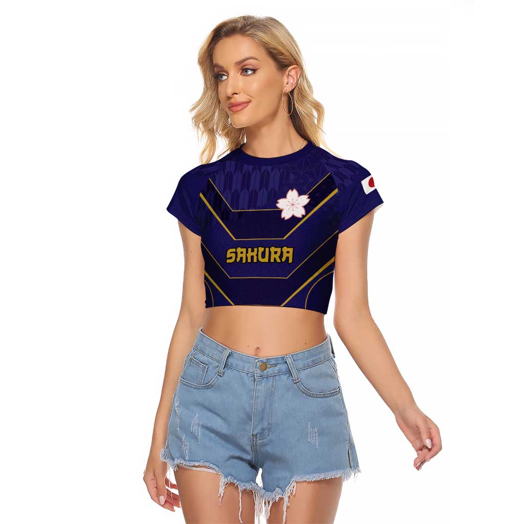 Japan Pacific Rugby 2022-23 Custom Raglan Cropped T Shirt Blue Sakura Japanese Wave Pattern