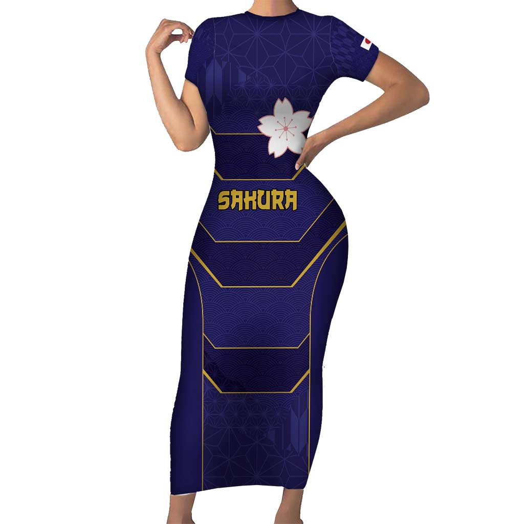Japan Pacific Rugby 2022-23 Custom Short Sleeve Bodycon Dress Blue Sakura Japanese Wave Pattern