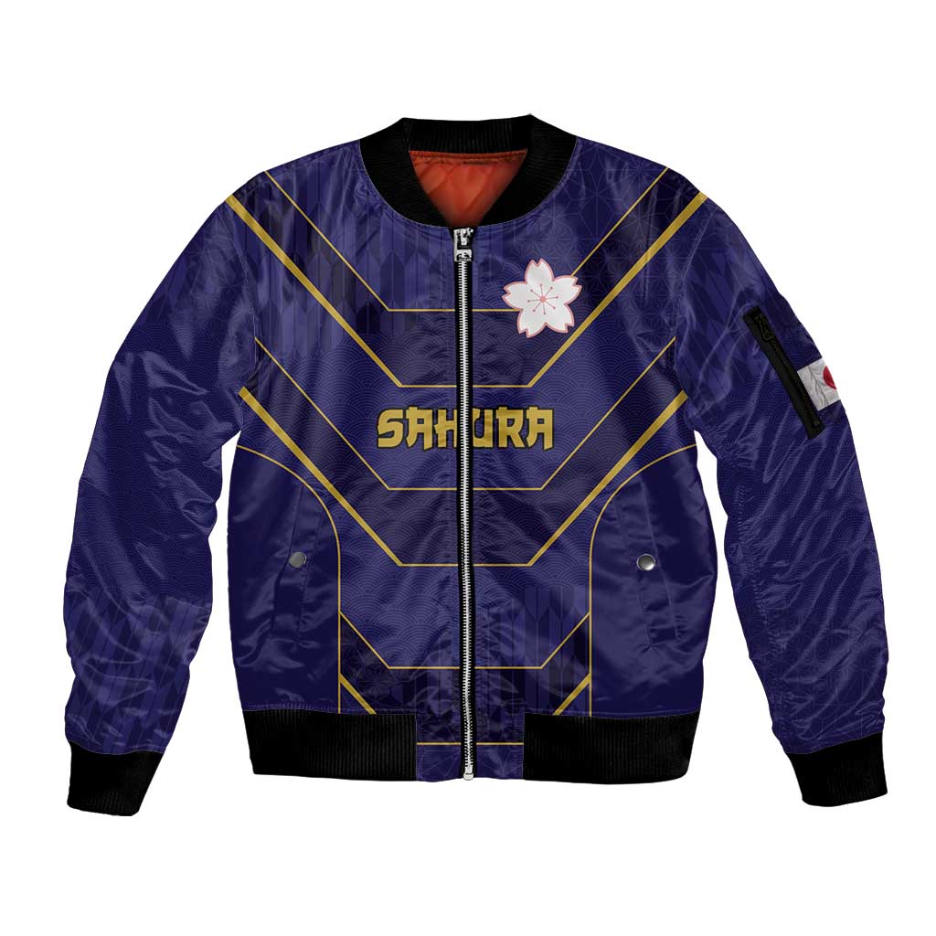 Japan Pacific Rugby 2022-23 Custom Sleeve Zip Bomber Jacket Blue Sakura Japanese Wave Pattern