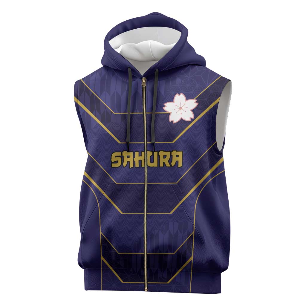 Japan Pacific Rugby 2022-23 Custom Sleeveless Zip Hoodie Blue Sakura Japanese Wave Pattern - Polynesian Pride