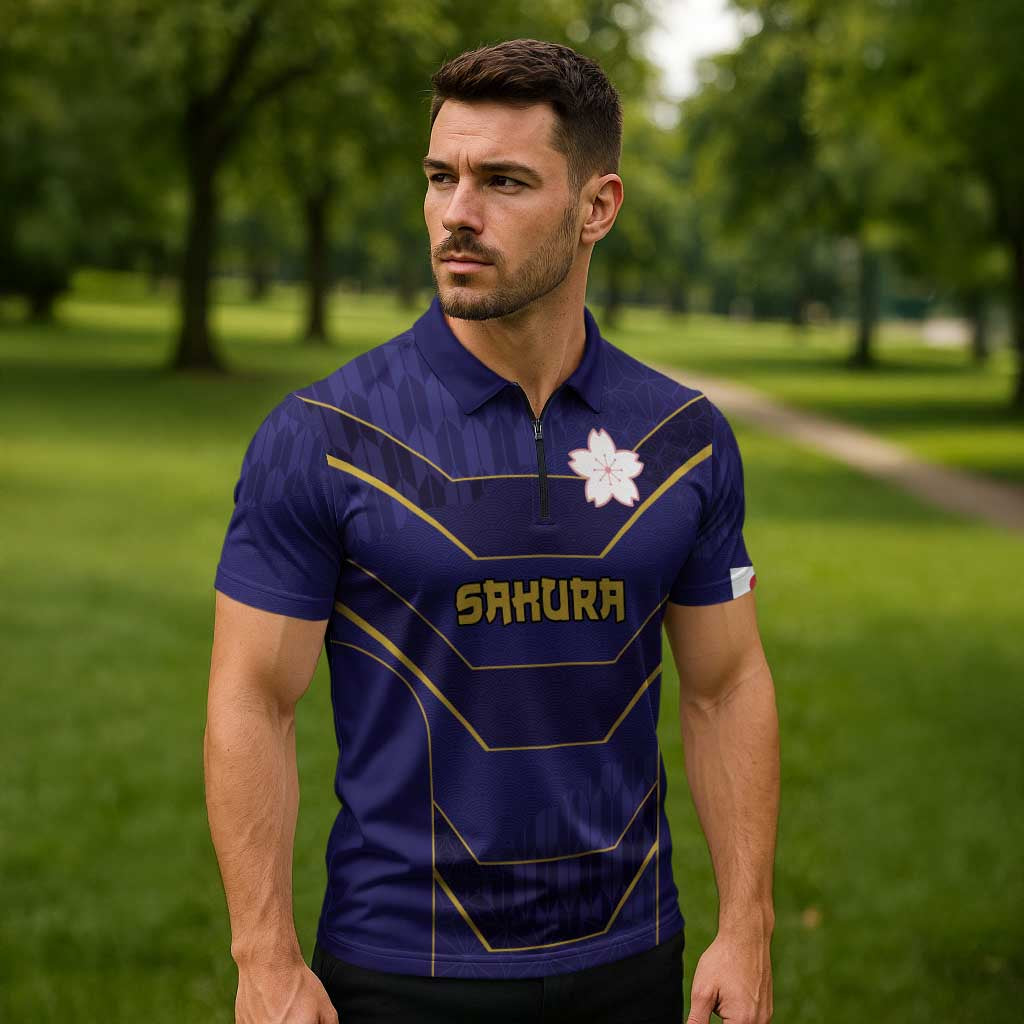 Japan Pacific Rugby 2022-23 Custom Zipper Polo Shirt Blue Sakura Japanese Wave Pattern - Polynesian Pride