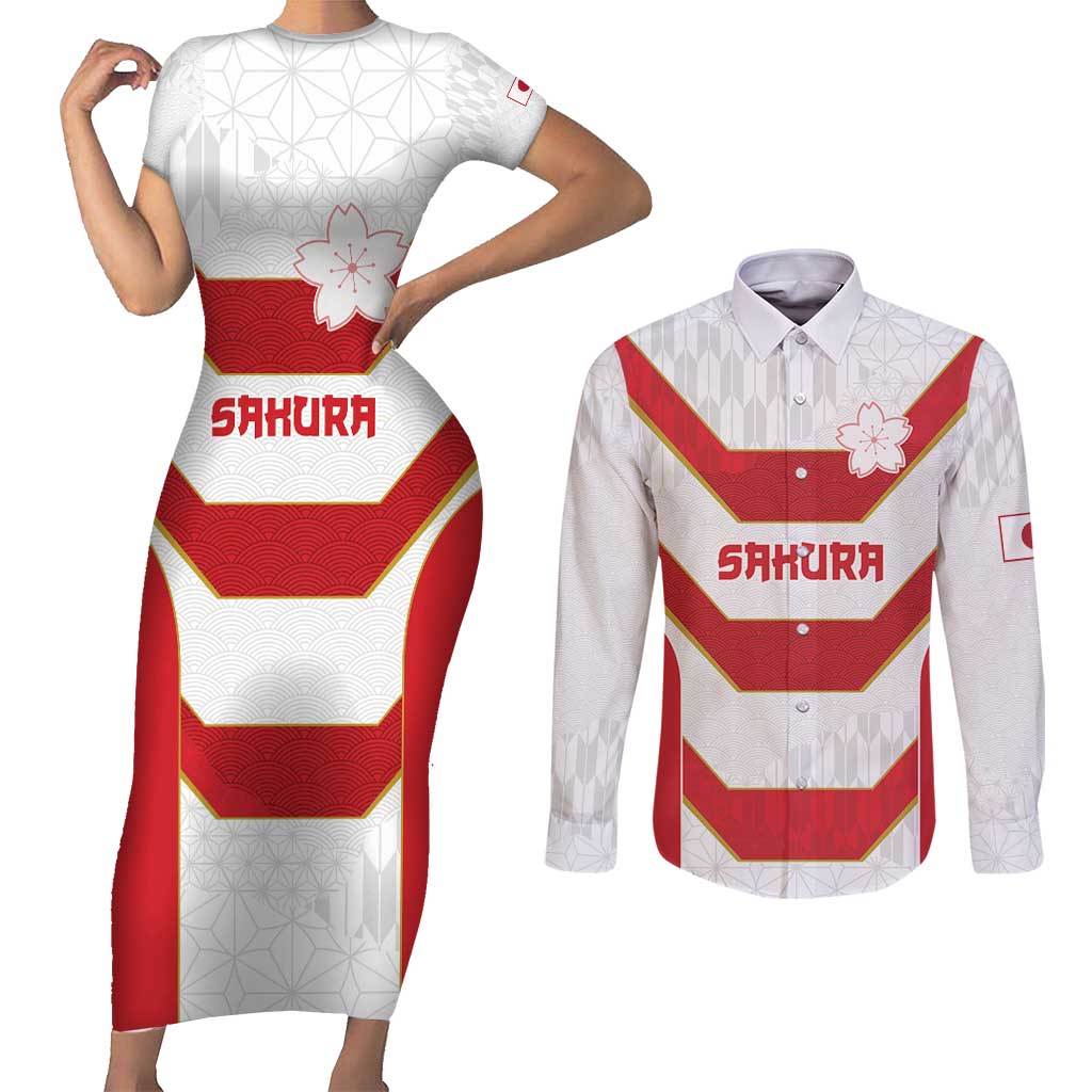 Japan Pacific Rugby 2022-23 Custom Couples Matching Short Sleeve Bodycon Dress and Long Sleeve Button Shirt Red Sakura Japanese Wave Pattern