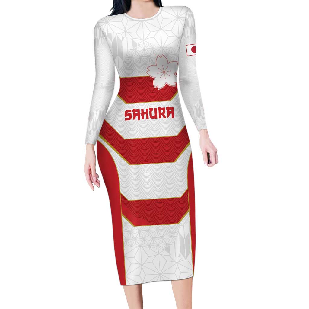Japan Pacific Rugby 2022-23 Custom Family Matching Long Sleeve Bodycon Dress and Hawaiian Shirt Red Sakura Japanese Wave Pattern LT9 Mom's Dress Red - Polynesian Pride