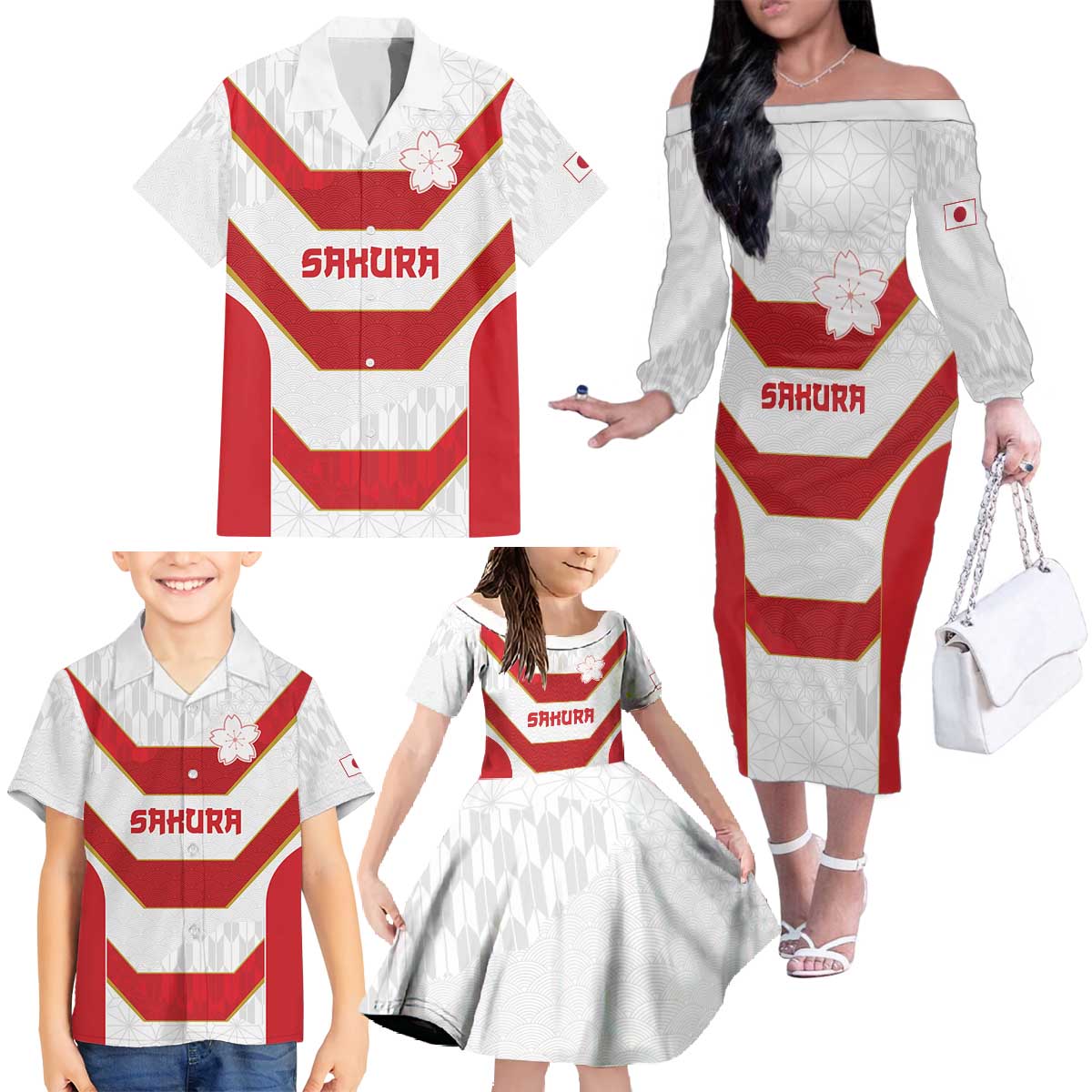 Japan Pacific Rugby 2022-23 Custom Family Matching Off The Shoulder Long Sleeve Dress and Hawaiian Shirt Red Sakura Japanese Wave Pattern
