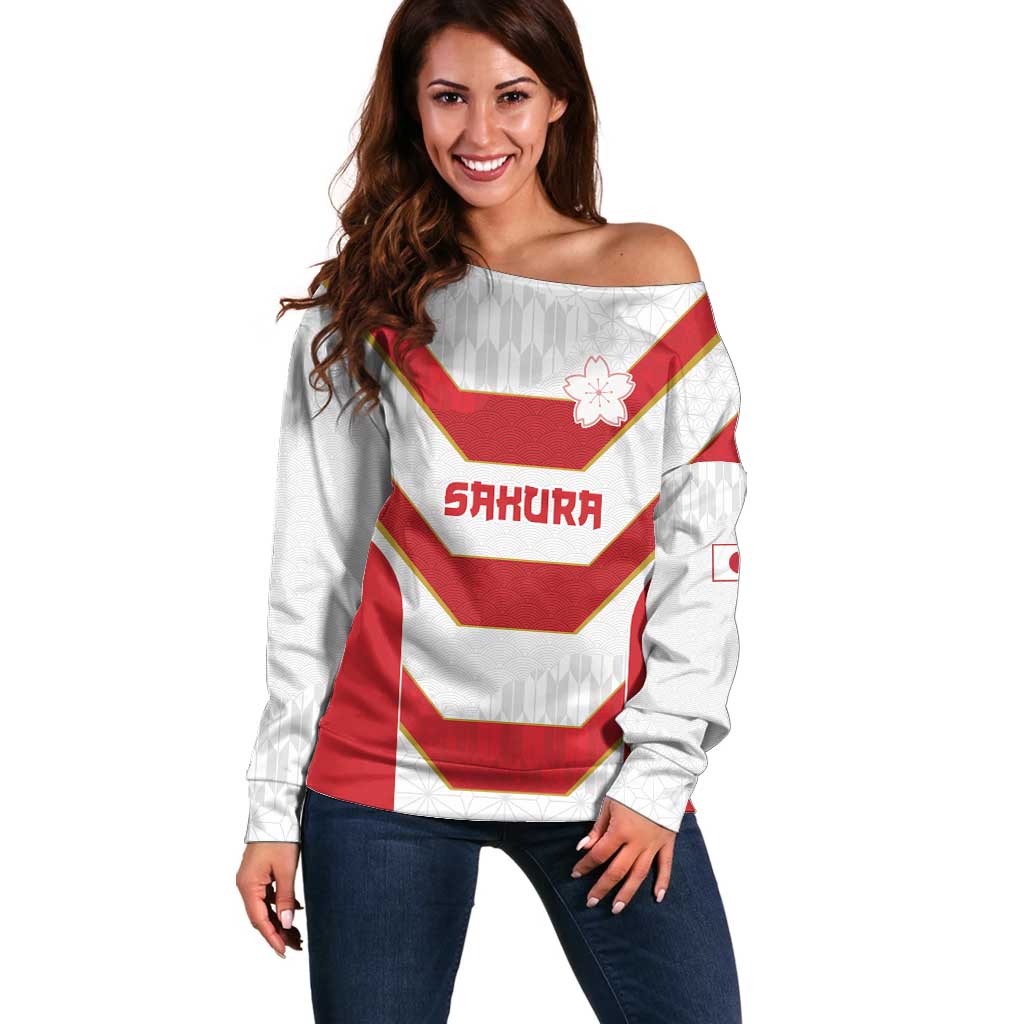 Japan Pacific Rugby 2022-23 Custom Off Shoulder Sweater Red Sakura Japanese Wave Pattern LT9 Women Red - Polynesian Pride