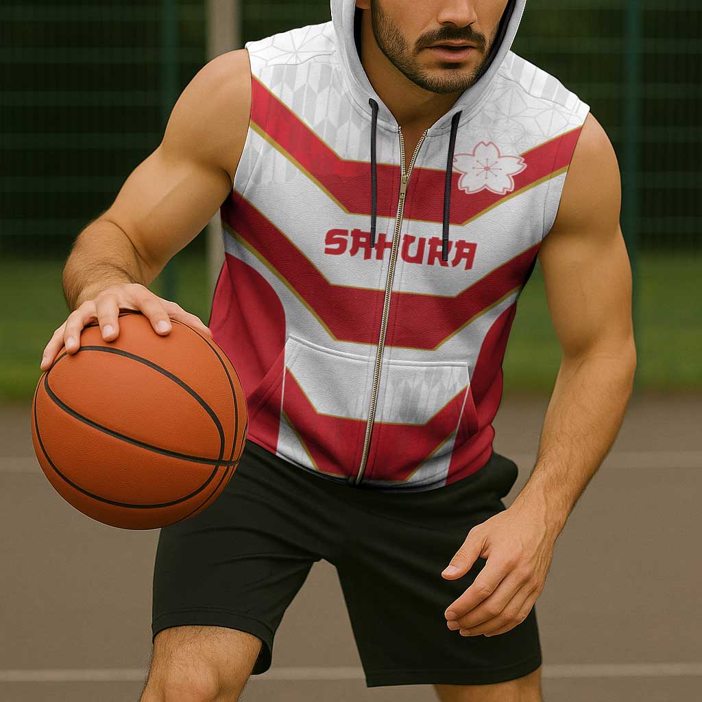 Japan Pacific Rugby 2022-23 Custom Sleeveless Zip Hoodie Red Sakura Japanese Wave Pattern - Polynesian Pride