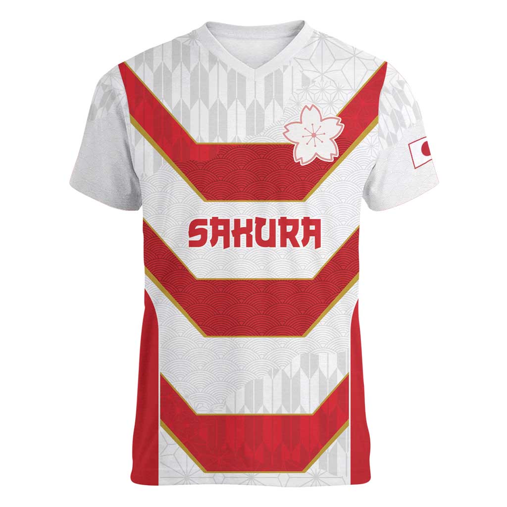 Japan Pacific Rugby 2022-23 Custom Women V-Neck T-Shirt Red Sakura Japanese Wave Pattern