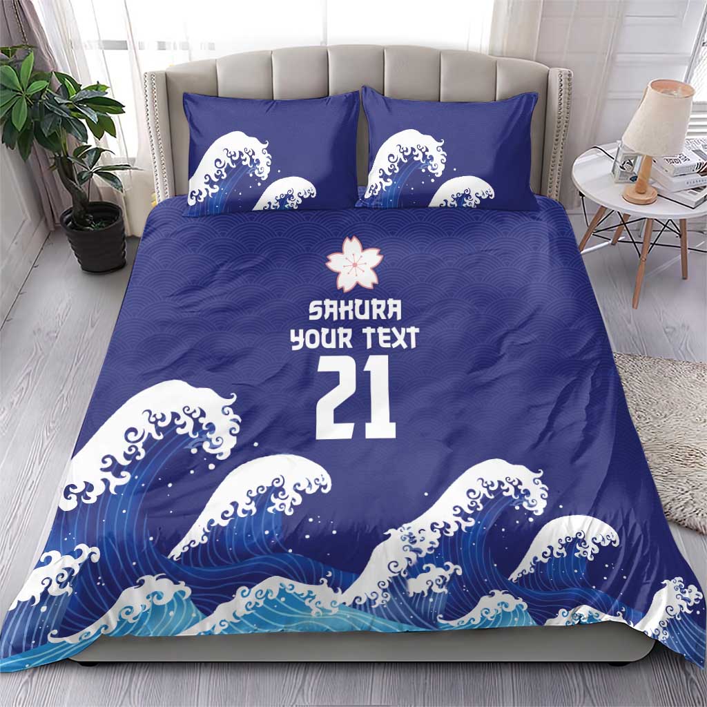 Japan Pacific Rugby Custom Bedding Set Go Sakura Japanese Wave Pattern