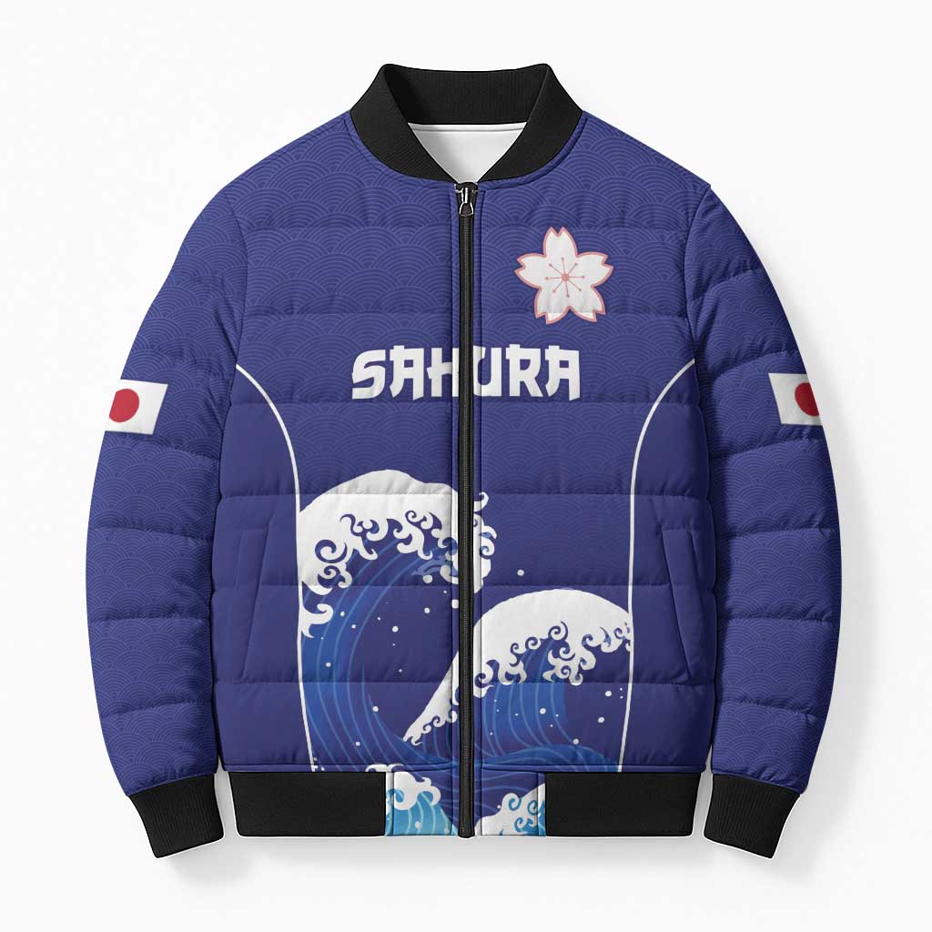 Japan Pacific Rugby Custom Bomber Puffer Jacket Go Sakura Japanese Wave Pattern - Polynesian Pride