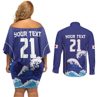 Japan Pacific Rugby Custom Couples Matching Off Shoulder Short Dress and Long Sleeve Button Shirt Go Sakura Japanese Wave Pattern