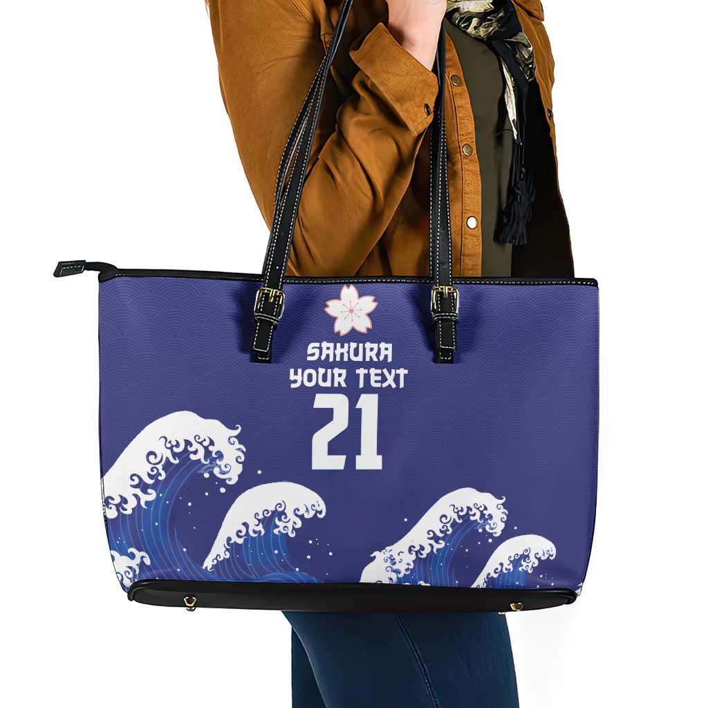 Japan Pacific Rugby Custom Leather Tote Bag Go Sakura Japanese Wave Pattern LT9 - Polynesian Pride