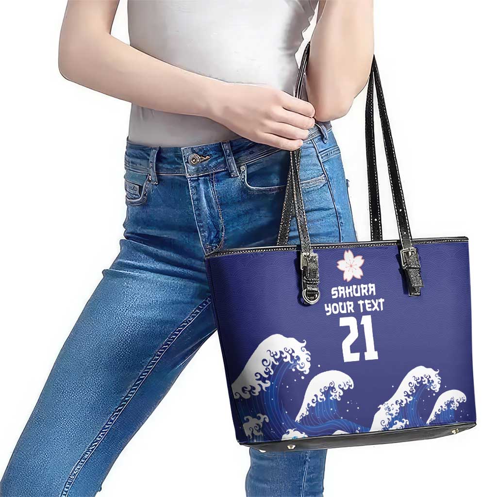 Japan Pacific Rugby Custom Leather Tote Bag Go Sakura Japanese Wave Pattern LT9 - Polynesian Pride
