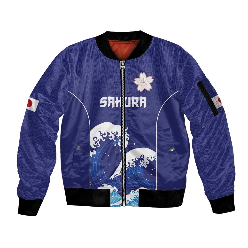 Japan Pacific Rugby Custom Sleeve Zip Bomber Jacket Go Sakura Japanese Wave Pattern LT9 Unisex Blue - Polynesian Pride