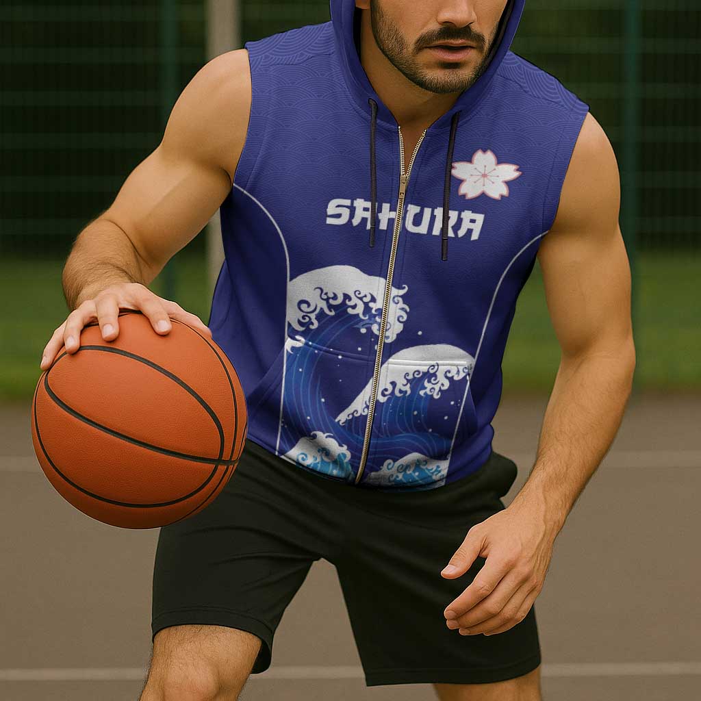 Japan Pacific Rugby Custom Sleeveless Zip Hoodie Go Sakura Japanese Wave Pattern - Polynesian Pride