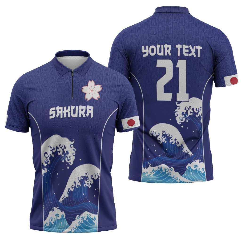 Japan Pacific Rugby Custom Zipper Polo Shirt Go Sakura Japanese Wave Pattern - Polynesian Pride