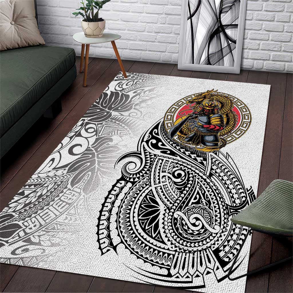 Japanese Samurai Warrior Area Rug White Polynesian Tattoo Style