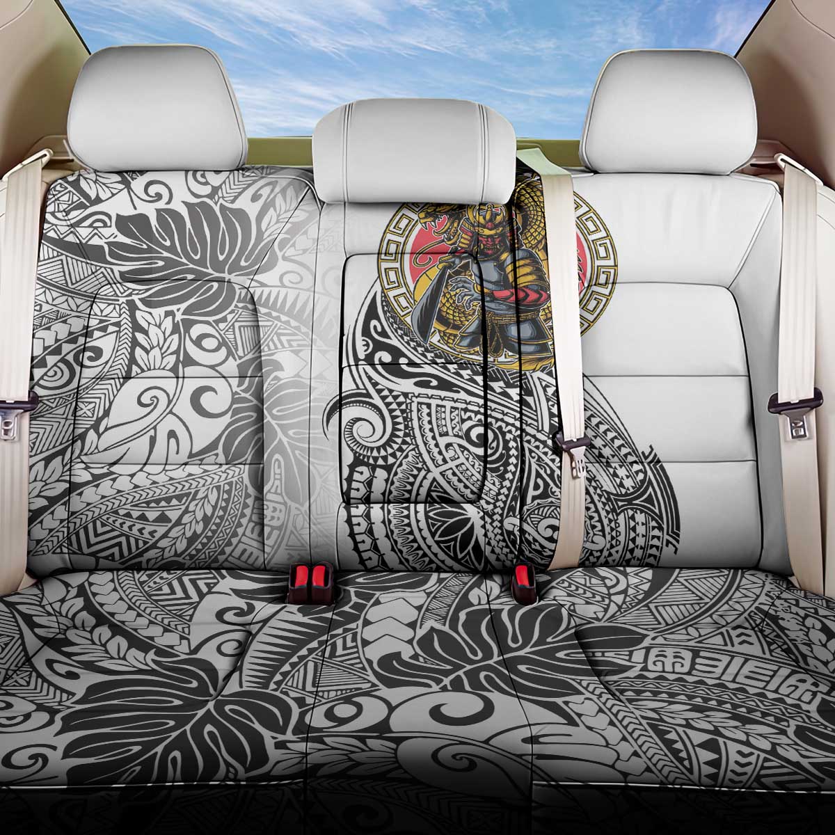 Japanese Samurai Warrior Back Car Seat Cover White Polynesian Tattoo Style