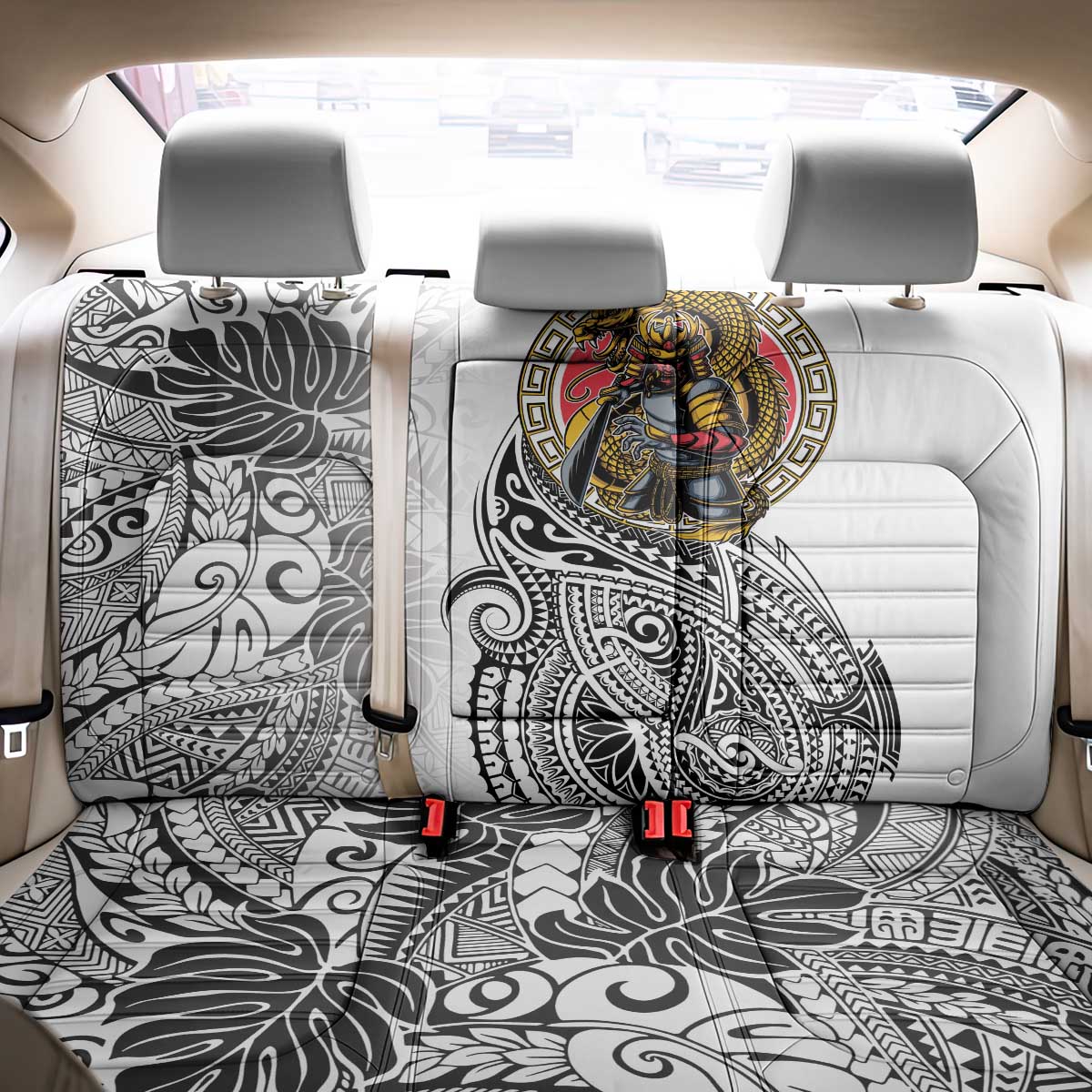 Japanese Samurai Warrior Back Car Seat Cover White Polynesian Tattoo Style