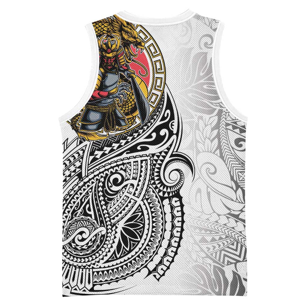 Japanese Samurai Warrior Basketball Jersey White Polynesian Tattoo Style - Polynesian Pride