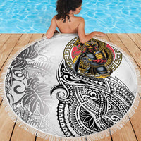Japanese Samurai Warrior Beach Blanket White Polynesian Tattoo Style