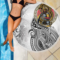 Japanese Samurai Warrior Beach Blanket White Polynesian Tattoo Style