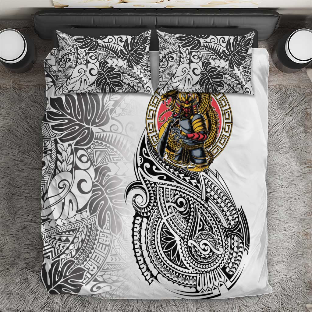 Japanese Samurai Warrior Bedding Set White Polynesian Tattoo Style
