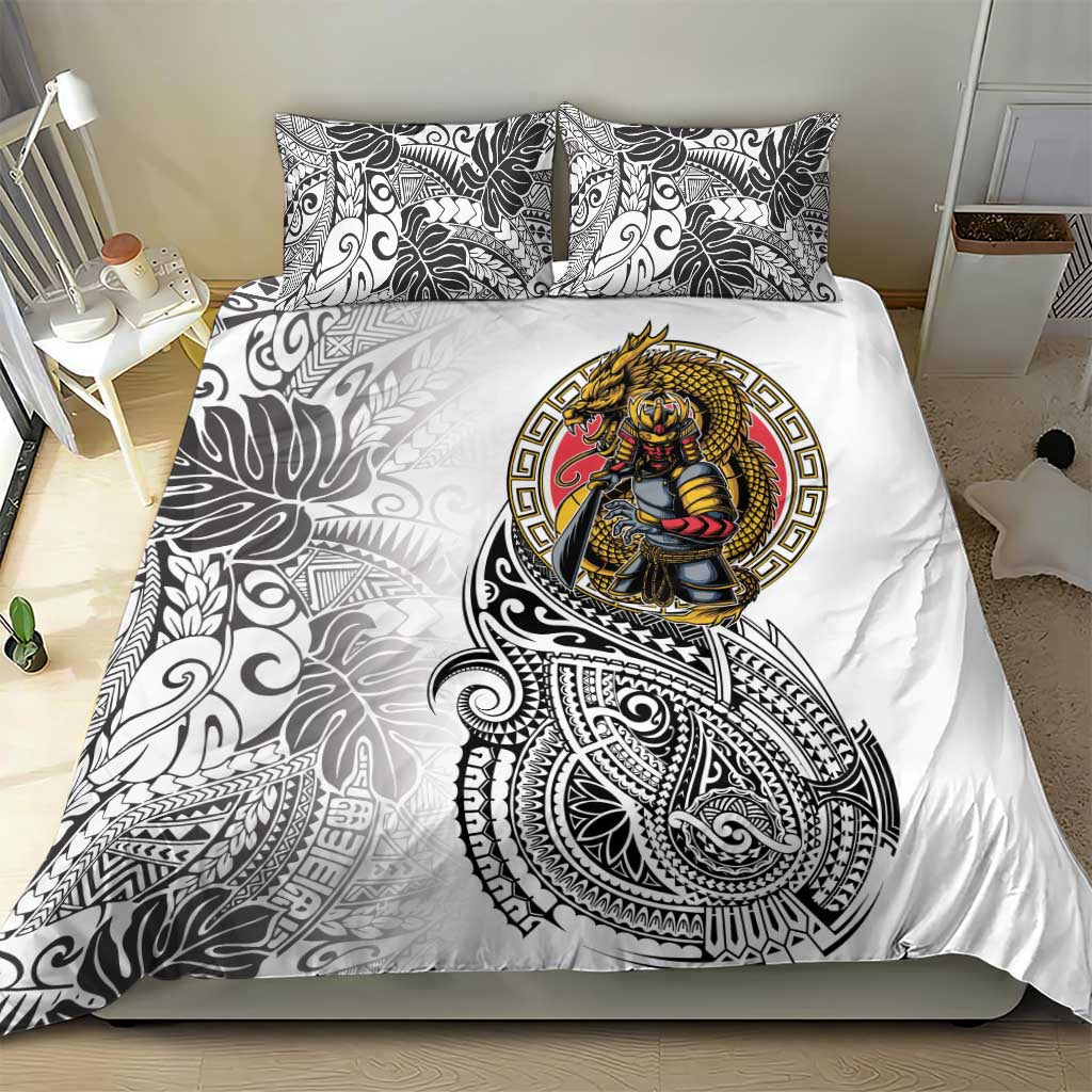 Japanese Samurai Warrior Bedding Set White Polynesian Tattoo Style