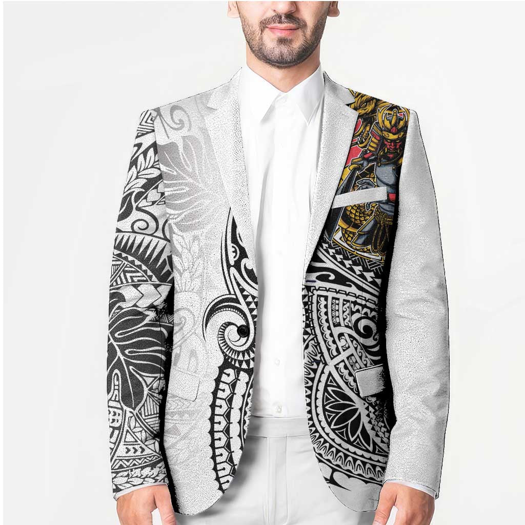 Japanese Samurai Warrior Blazer White Polynesian Tattoo Style - Polynesian Pride
