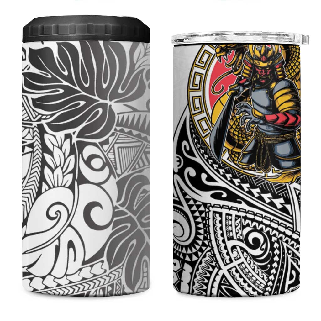 Japanese Samurai Warrior 4 in 1 Can Cooler Tumbler White Polynesian Tattoo Style
