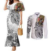 Japanese Samurai Warrior Couples Matching Mermaid Dress and Long Sleeve Button Shirt White Polynesian Tattoo Style