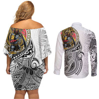 Japanese Samurai Warrior Couples Matching Off Shoulder Short Dress and Long Sleeve Button Shirt White Polynesian Tattoo Style