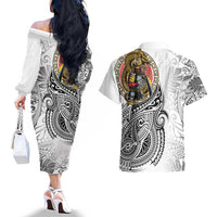 Japanese Samurai Warrior Couples Matching Off The Shoulder Long Sleeve Dress and Hawaiian Shirt White Polynesian Tattoo Style