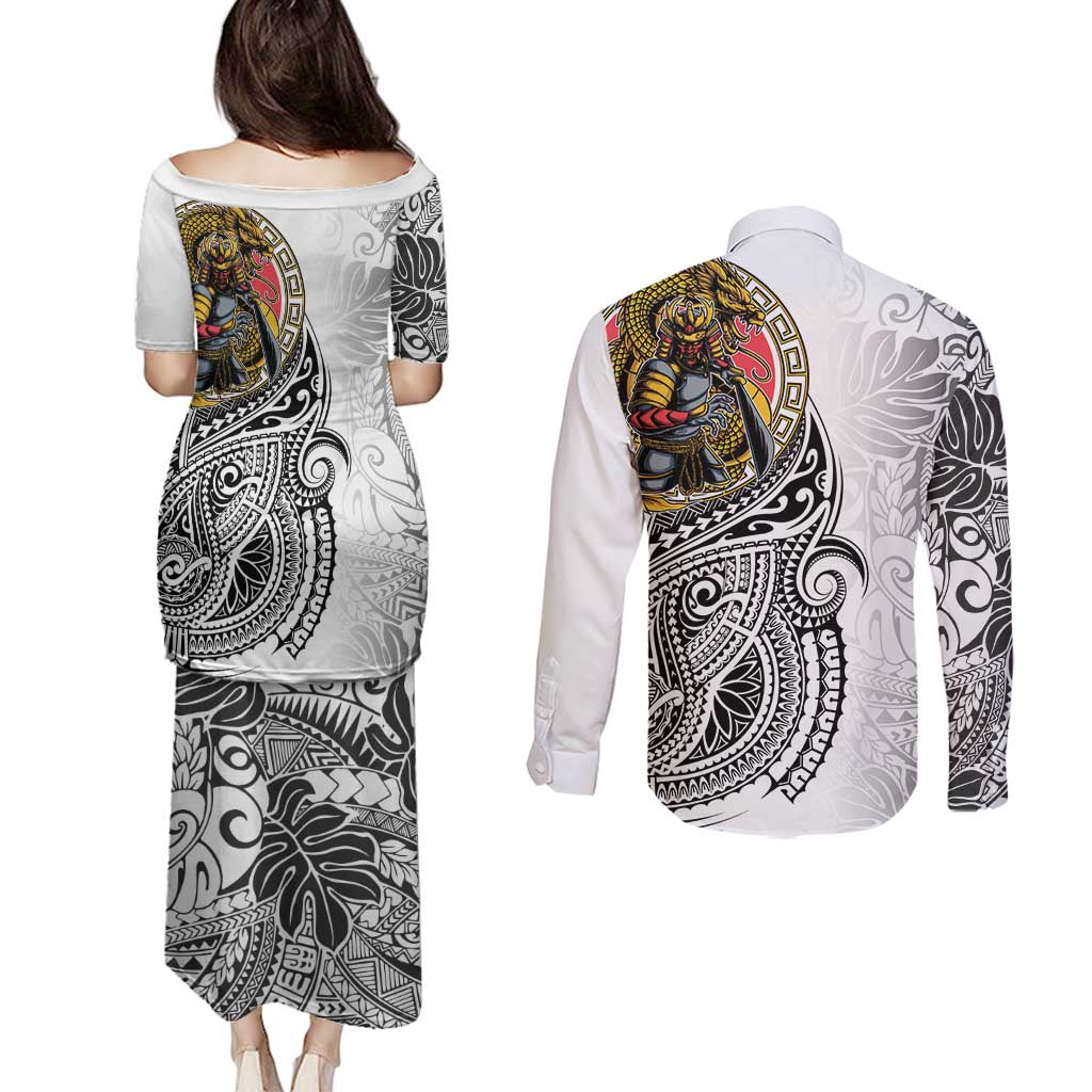 Japanese Samurai Warrior Couples Matching Puletasi and Long Sleeve Button Shirt White Polynesian Tattoo Style LT9 - Polynesian Pride