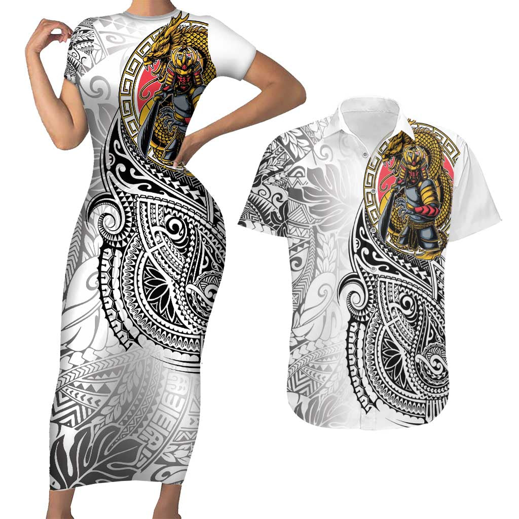Japanese Samurai Warrior Couples Matching Short Sleeve Bodycon Dress and Hawaiian Shirt White Polynesian Tattoo Style