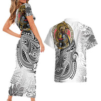 Japanese Samurai Warrior Couples Matching Short Sleeve Bodycon Dress and Hawaiian Shirt White Polynesian Tattoo Style