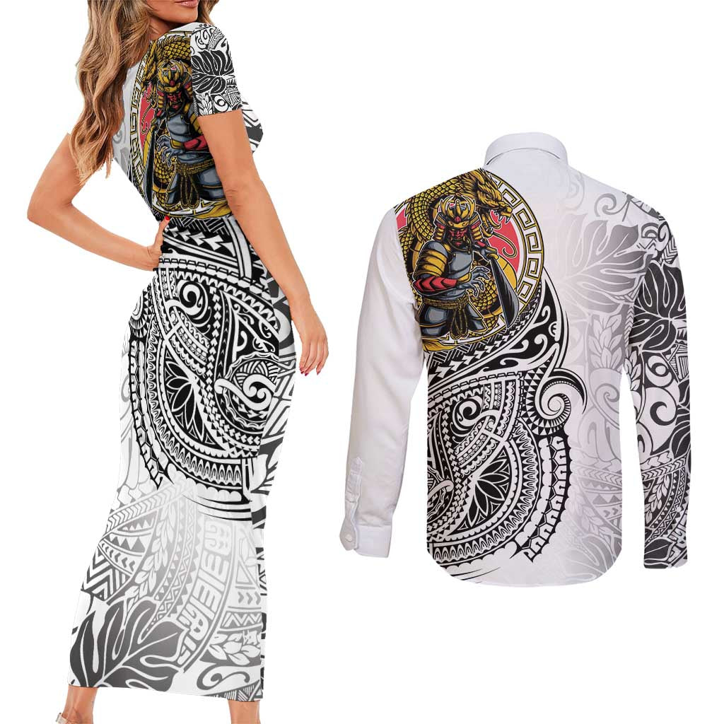 Japanese Samurai Warrior Couples Matching Short Sleeve Bodycon Dress and Long Sleeve Button Shirt White Polynesian Tattoo Style LT9 - Polynesian Pride
